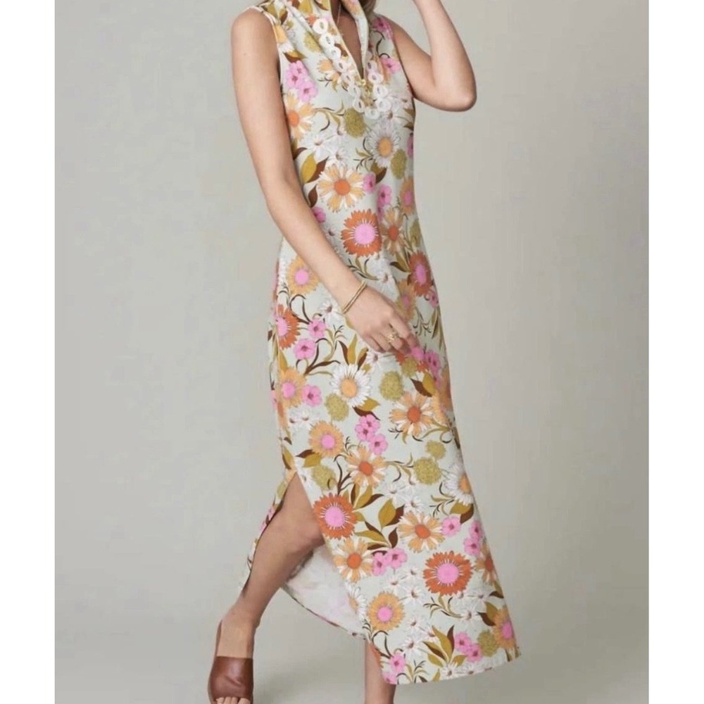 Spartina 449 Maxi Dress Women XS Green Floral Retro Boho Eyelet Zip Sleeveless